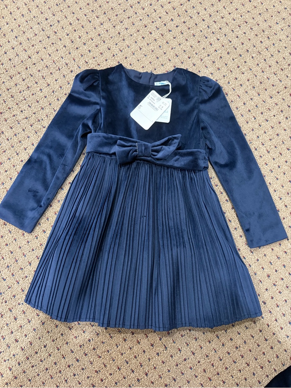 Mayoral Navy Bow Pleated Velvet Kids Dress